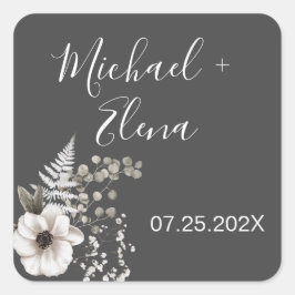 Pegatina Cuadrada Boda floral gris oscuro y blanco