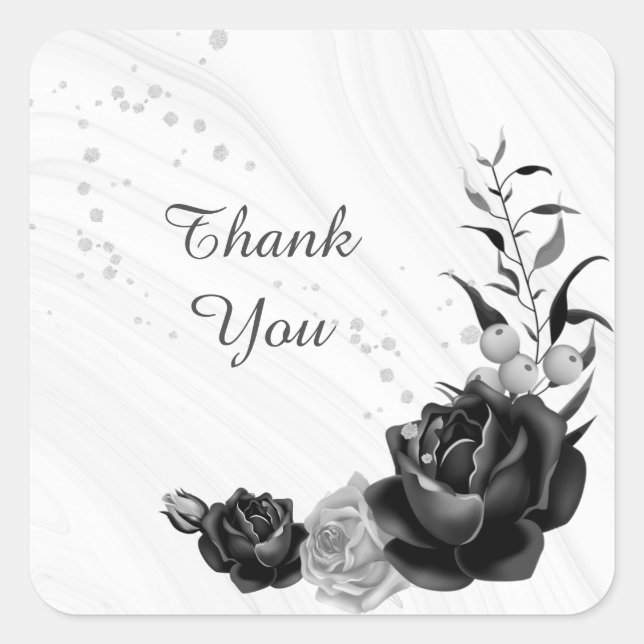 Pegatina Cuadrada boda floral gris plateado y negro (Anverso)