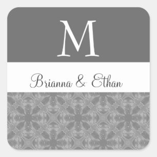 Pegatina Cuadrada Boda floral gris y blanco sutil Monograma M