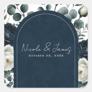 Pegatina Cuadrada Boda floral moderna azul oscuro y blanco