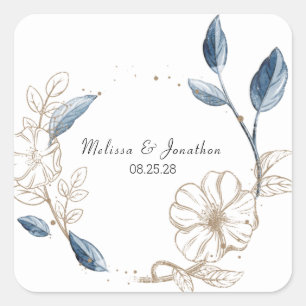 Pegatina Cuadrada Boda Floral Moderna Elegante Oro Azul