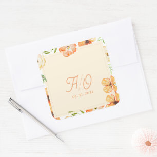 Pegatina Cuadrada Boda Floral Monograma de Jardín de Melocotón Suave