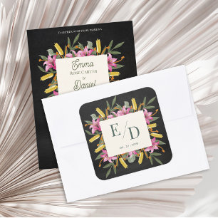 Pegatina Cuadrada Boda Floral Monograma de Lirio Rosado Malhumorado