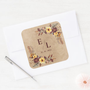 Pegatina Cuadrada Boda Floral Monograma Otoño Pretty Rústica