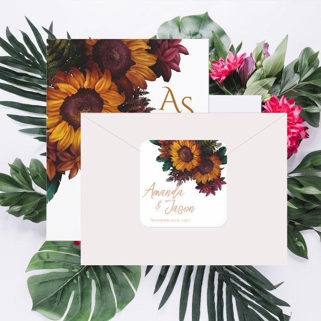 Pegatina Cuadrada Boda floral Naranja quemado ruso de otoño (Fall Boho Rustic Burnt Orange Floral Wedding Square Sticker)