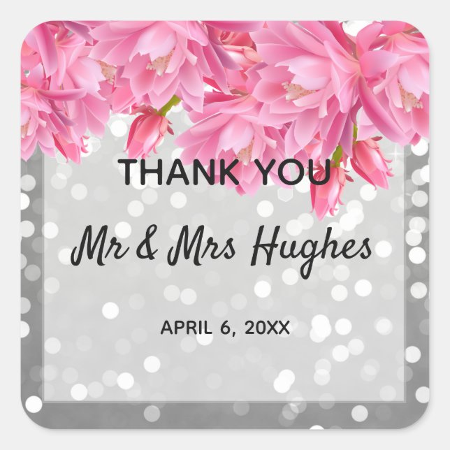 Pegatina Cuadrada Boda floral rosa purpurina cristales (Anverso)