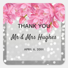 Pegatina Cuadrada Boda floral rosa purpurina cristales