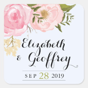 Pegatina Cuadrada Boda floral rosado moderno Personalizado Favor