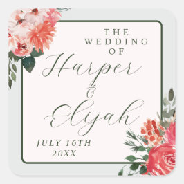 Pegatina Cuadrada Boda Floral Rubor Red Greenerenery Classic
