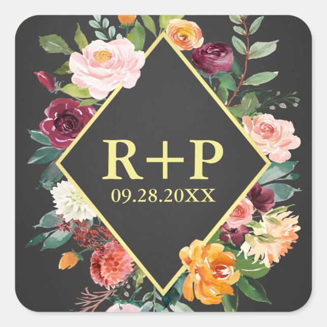 Pegatina Cuadrada Boda floral Rustic Otoño Chalkboard (Anverso)