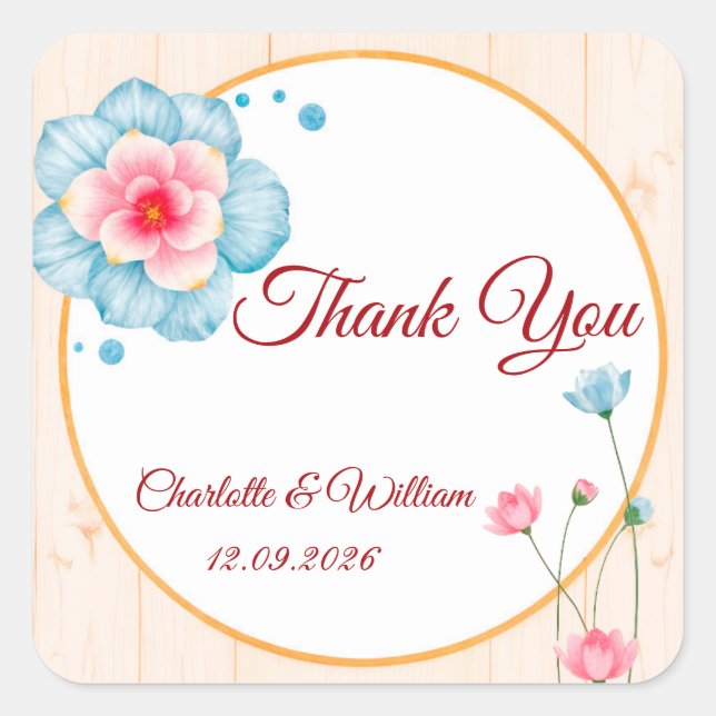 Pegatina Cuadrada Boda floral rústico (Anverso)