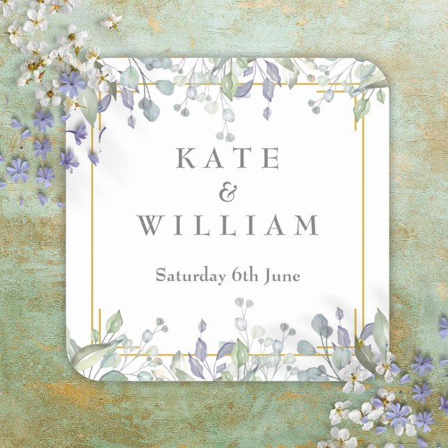 Pegatina Cuadrada Boda floral Sage and Lilac Watercolor (Sage and Lilac Watercolour Floral Wedding Square Sticker)