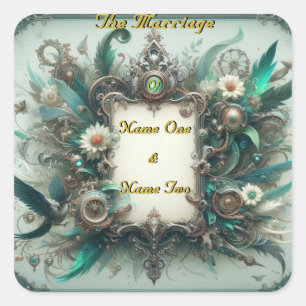 Pegatina Cuadrada Boda Floral Steampunk Green y Silver