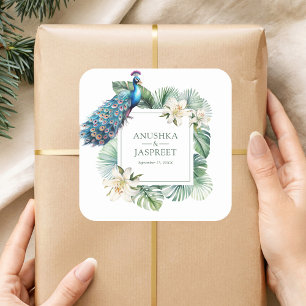 Pegatina Cuadrada Boda Floral Tropical Indio Peacock