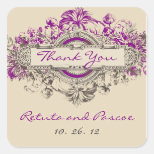 Pegatina Cuadrada Boda Floral Vintage Gris Púrpura Gracias