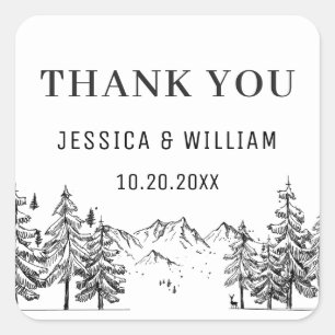 Pegatina Cuadrada Boda Forestal de las Montañas Dibujadas a Mano