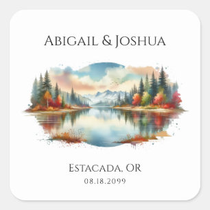Pegatina Cuadrada Boda Forestal Rustic Otumn Lakeside