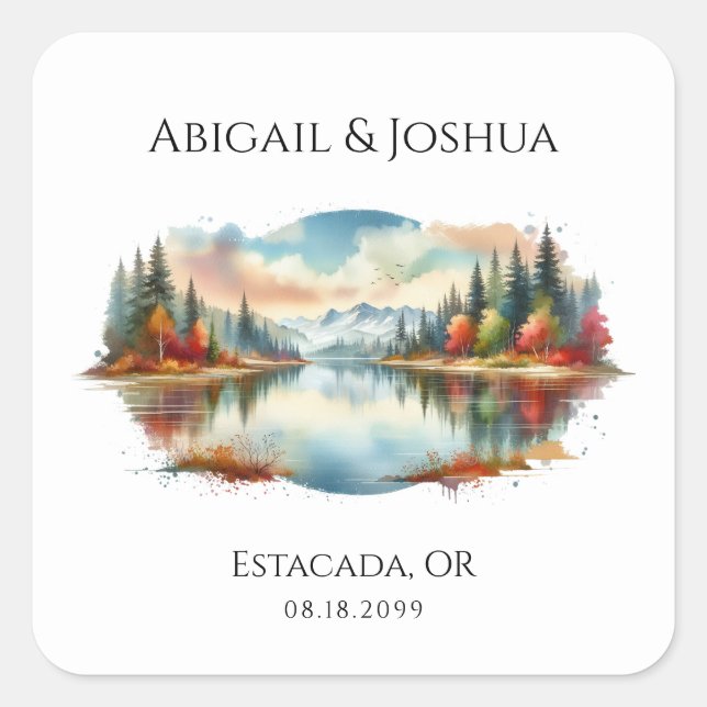 Pegatina Cuadrada Boda Forestal Rustic Otumn Lakeside (Anverso)