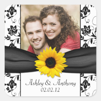 Pegatina Cuadrada Boda fotográfico de Sunflower Black White Damask