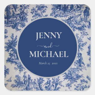 Pegatina Cuadrada Boda francesa de Jouy Blue Elegant Wedding