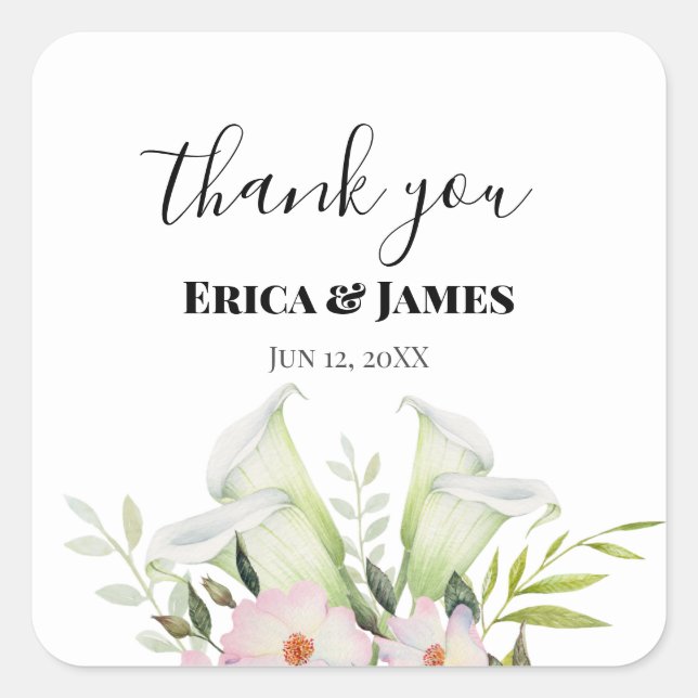 Pegatina Cuadrada Boda Gentle White Calla Lily Rosas Gracias (Anverso)