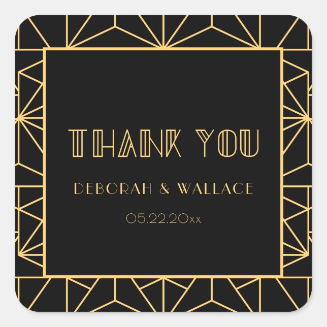 Pegatina Cuadrada Boda geométrico Art Deco de los años 20 Gracias (Anverso)