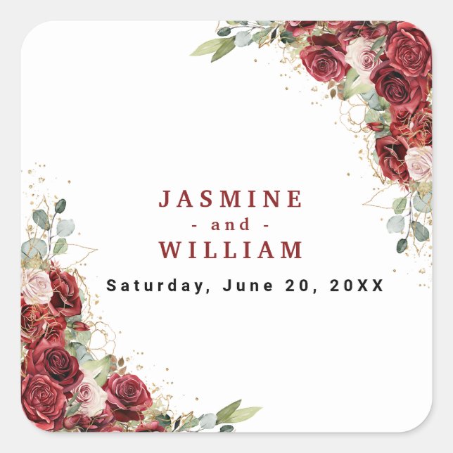 Pegatina Cuadrada Boda Geométrico Boho Rubor Burgundy Floral Gold (Anverso)