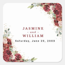 Pegatina Cuadrada Boda Geométrico Boho Rubor Burgundy Floral Gold