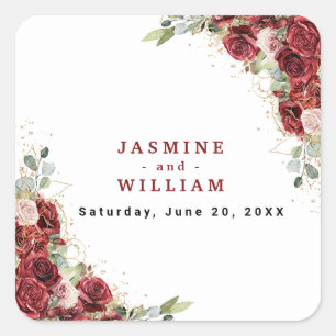 Pegatina Cuadrada Boda Geométrico Boho Rubor Burgundy Floral Gold