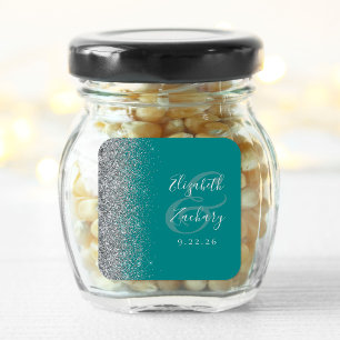 Pegatina Cuadrada Boda Glitter Borde Azul Teal Moderno Plata