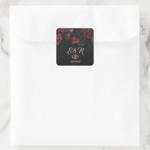 Pegatina Cuadrada Boda Gótica de Rosas Rojas Elegantes