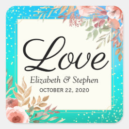 Pegatina Cuadrada Boda Gracias A Moderno Punto De Oro Verde azulado 