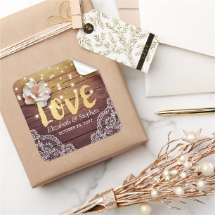 Pegatina Cuadrada Boda Gracias A Wood Floral String Lights Lace