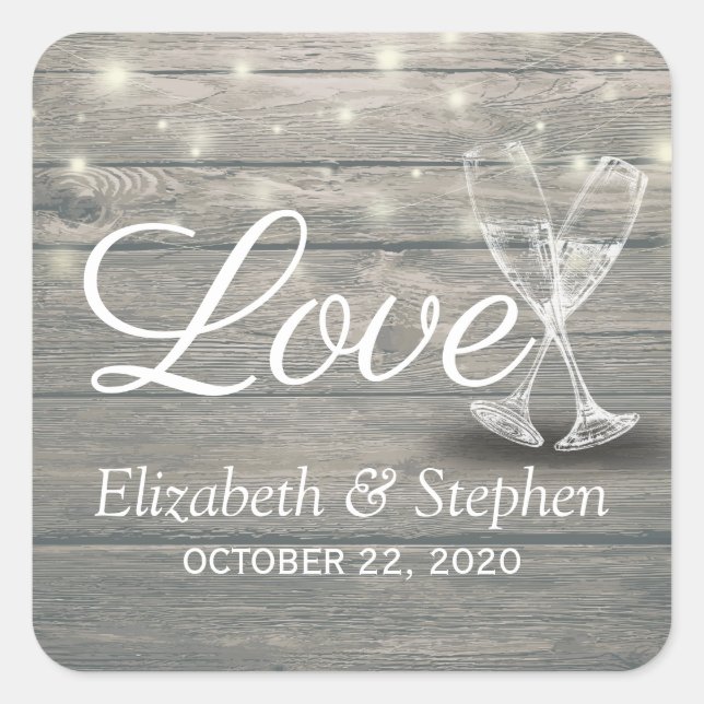 Pegatina Cuadrada Boda Gracias Champagne Glasses Wood Lights (Anverso)