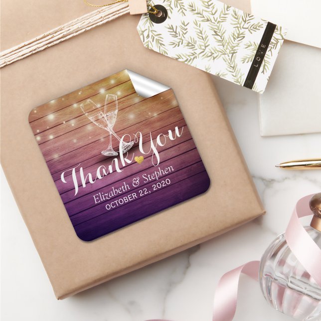 Pegatina Cuadrada Boda Gracias Champagne Glasses Wood Lights (Subido por el creador)