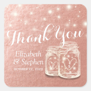 Pegatina Cuadrada Boda Gracias Mason Jar String Light Rosa Gold
