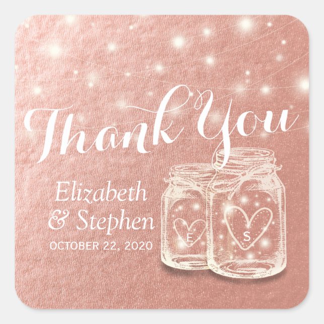 Pegatina Cuadrada Boda Gracias Mason Jar String Light Rosa Gold (Anverso)