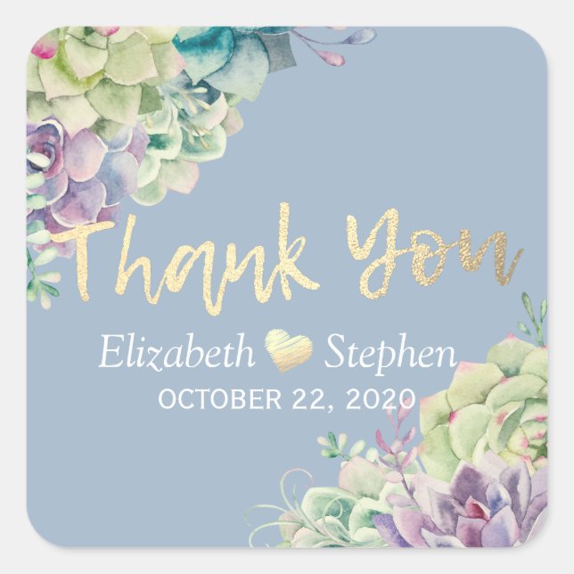 Pegatina Cuadrada Boda Gracias Moda Agua Plantas Suculentas (Anverso)