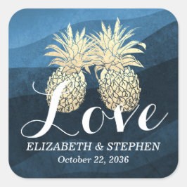 Pegatina Cuadrada Boda Gracias Moda Azul Oro Piña Pareja