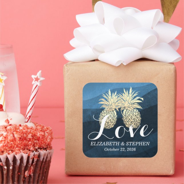 Pegatina Cuadrada Boda Gracias Moda Azul Oro Piña Pareja (Fiesta)