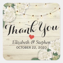 Pegatina Cuadrada Boda Gracias Rustic Wood Floral String Lights