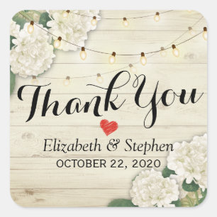 Pegatina Cuadrada Boda Gracias Rustic Wood Floral String Lights