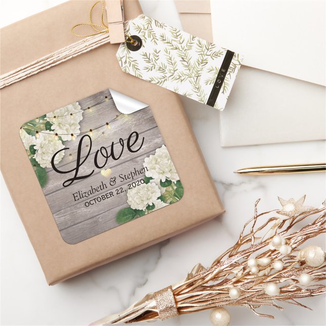 Pegatina Cuadrada Boda Gracias Rustic Wood Floral String Lights (Subido por el creador)