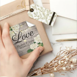 Pegatina Cuadrada Boda Gracias Rustic Wood Floral String Lights