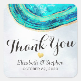 Pegatina Cuadrada Boda Gracias Watercolor Verde azulado Oro Agate Ge