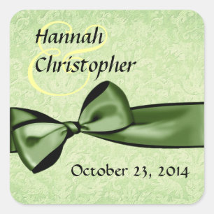 Pegatina Cuadrada Boda Green Damask and Faux Satin Bow
