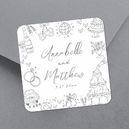 Pegatina Cuadrada Boda Gris Caprichosa y Excéntrica con Dibujos a Ma