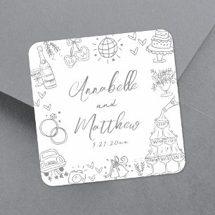 Pegatina Cuadrada Boda Gris Caprichosa y Excéntrica con Dibujos a Ma