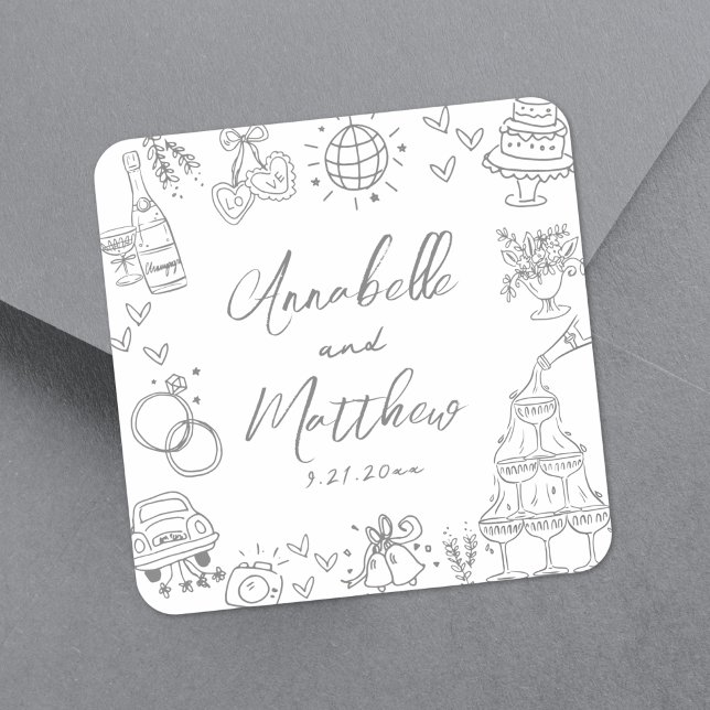 Pegatina Cuadrada Boda Gris Caprichosa y Excéntrica con Dibujos a Ma (Quirky Hand Drawn Gray Whimsical Wedding Square Sticker)