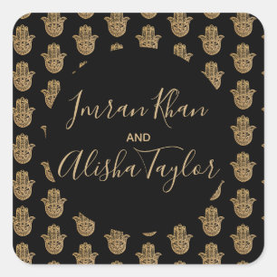 Pegatina Cuadrada Boda indio Gold hamsa Henna Invitación